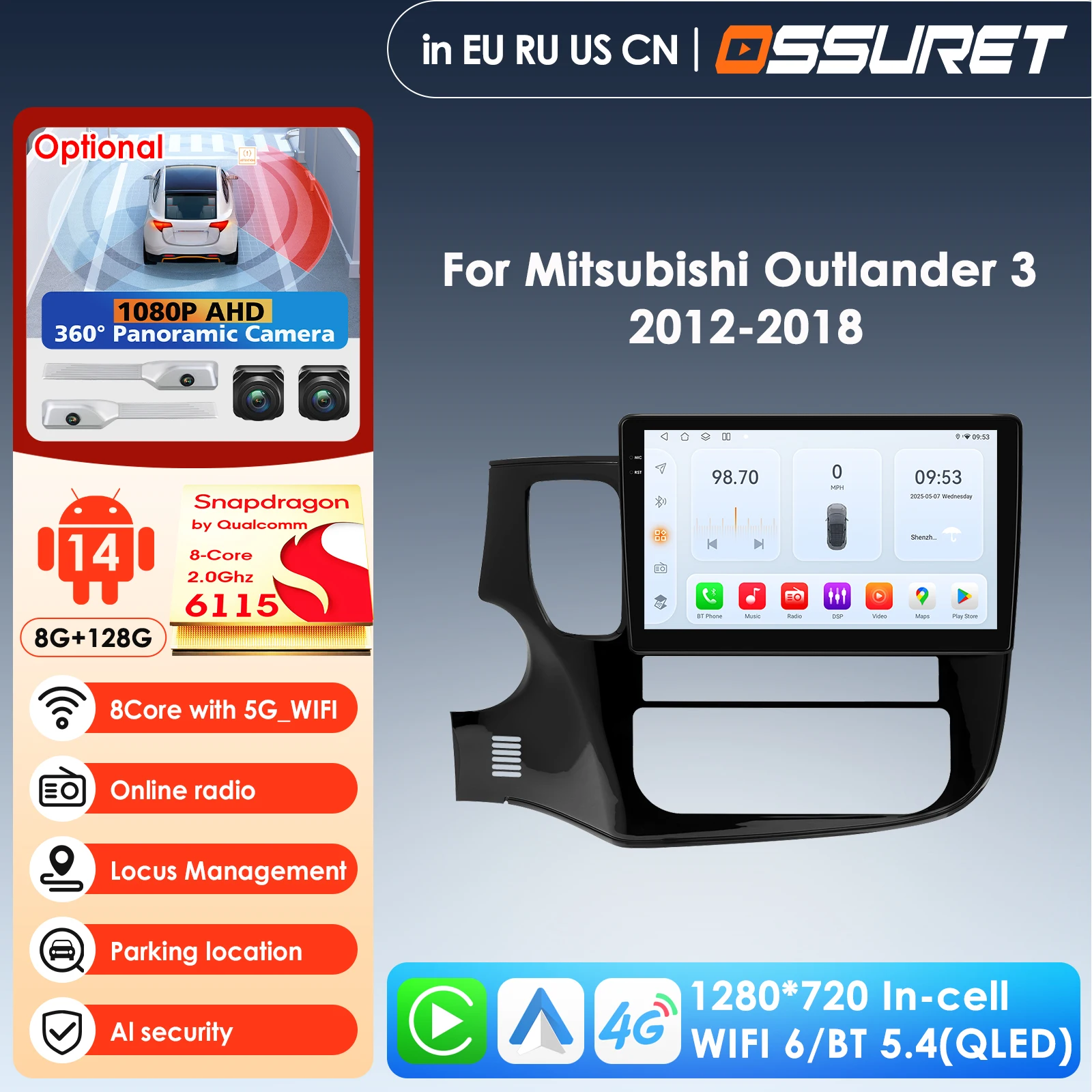 

9-дюймовый QLED-экран для автомобиля, 8 ГБ ОЗУ + 128 ГБ ПЗУ, 7862, 2DIN, Android Auto Radio для Mitsubishi Outlander 3 GF0W GG0W XL, GPS-навигация, мультимедиа