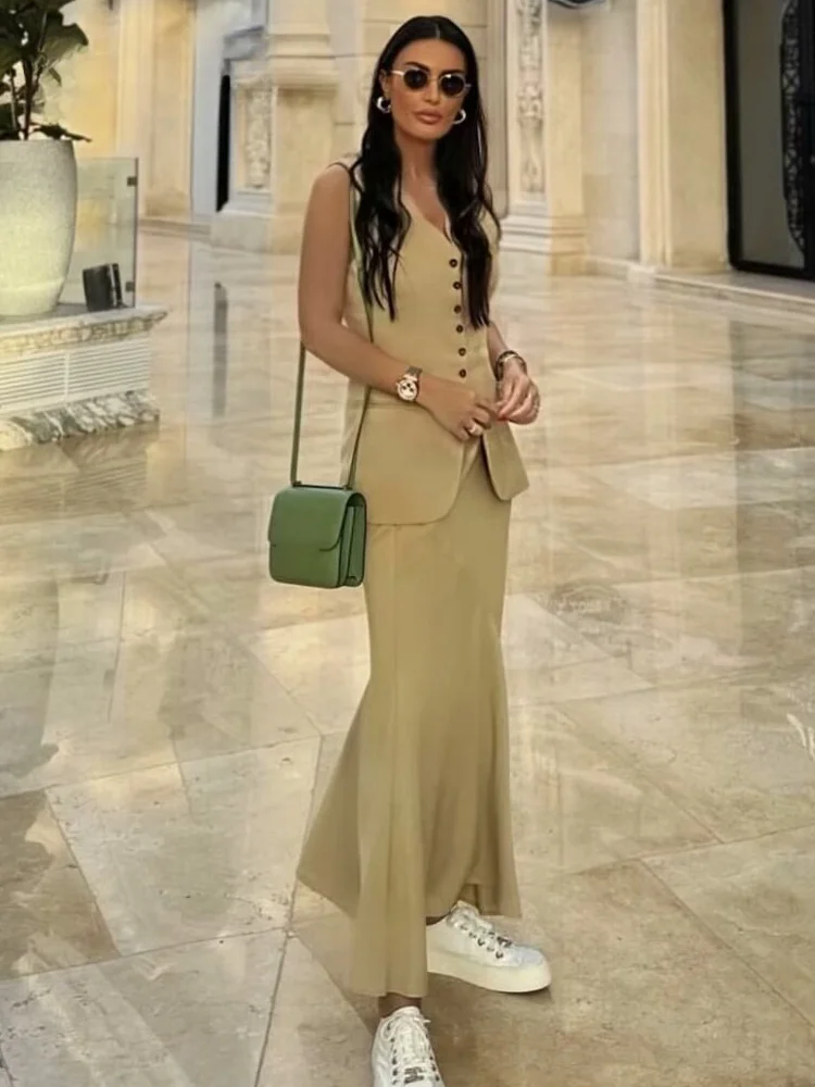 ASDS Women Vest Skirt Sets Female Khaki Long Blazer Vest V Neck Sleeveless Slim Top+Elegant High Waist A Line Skirt Suit