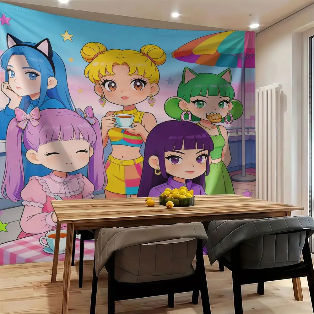 Vertical Five Fashion Girls Group Poster Digital Print Tapestry Wall Hanging Tapestries Wall Blanket Youth Room Backdrop Decor