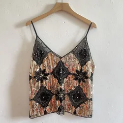 Women Sexy Bead Work pink Mesh Tops Women silver Sequined Tanks Femme Gold Tops Bling Sequined Tanks Tops