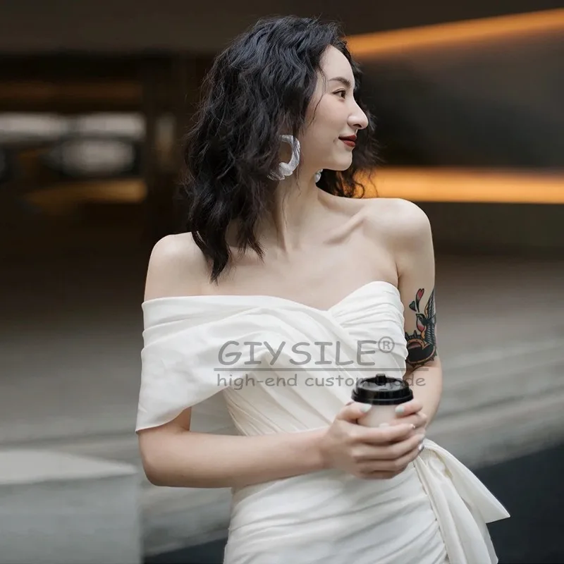 GIYSILE – robe de mariée blanche personnalisée en Satin, asymétrique épaule dénudée, sans manches, taille avec nœud, jupe queue de poisson, dos nu, mode Sexy