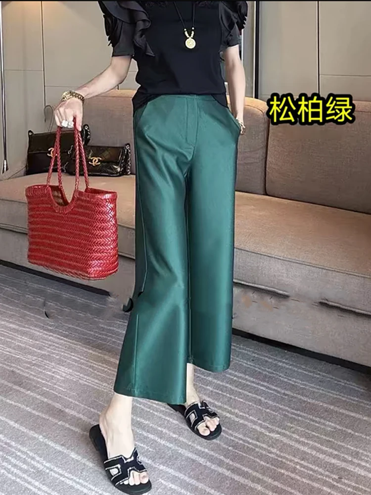 

Новые женские брюки в китайском стиле, летние тонкие брюки из ледяного шелка с жемчужной пряжей, высококачественные драпированные брюки с высокой талией и широкими штанинами, девять укороченных брюк