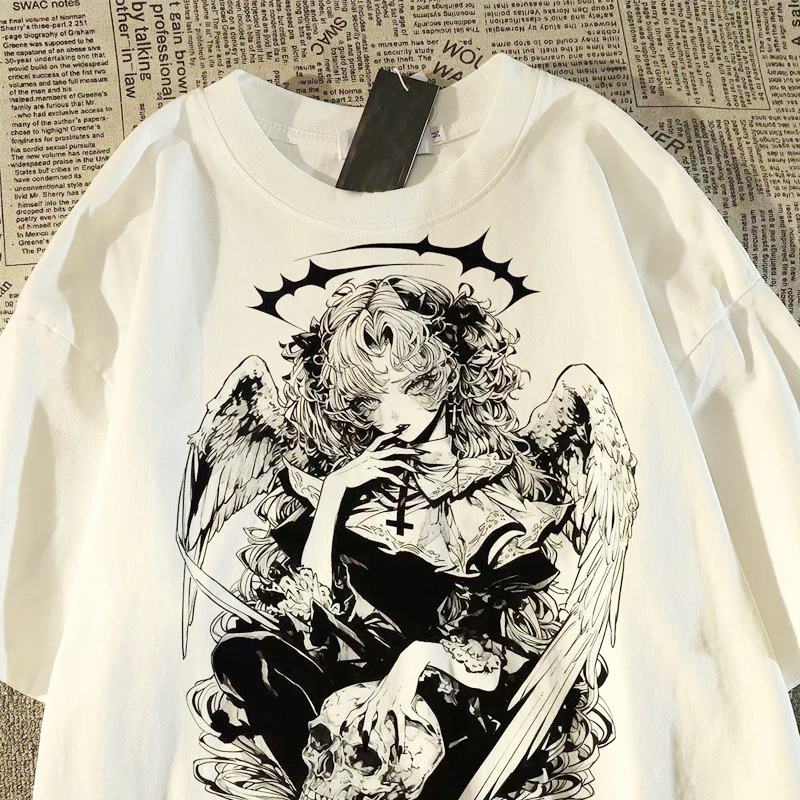 

Retro Dark Trendy Angel High Street Loose Short Sleeve T-shirt for Boys and Girls Casual Women Clothing Y2k Top