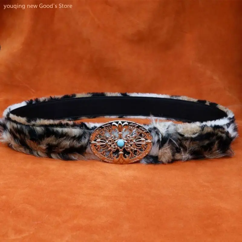 

49ME Ethnic Leopard Furry Belt for Women Vintage Waist Belt Cosplay Costume Waistbelt