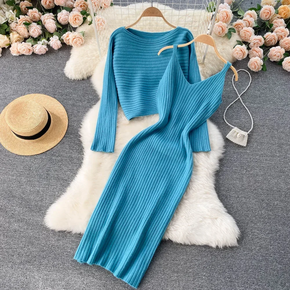 

Dress Sets Women V Neck Sling Sleeveless Long Dress Set Two Piece Sets Autumn Winter Knitted Sweaters Elegant Pullovers Tops