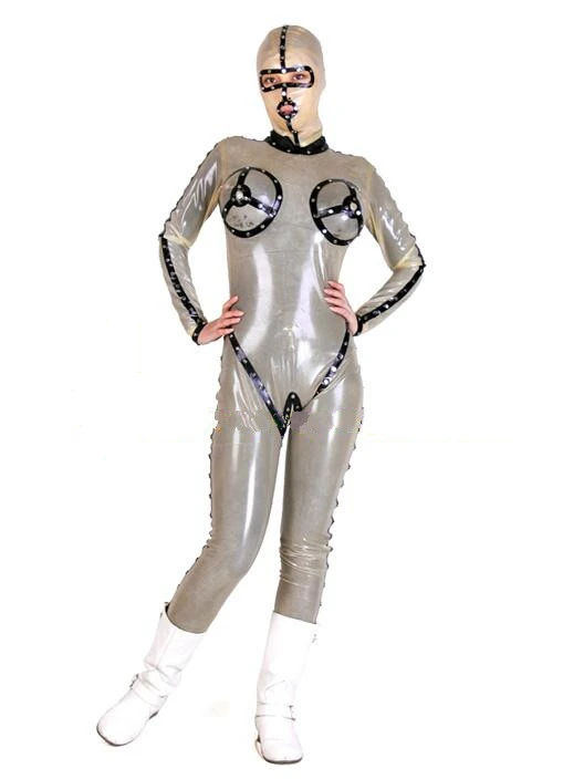 

Latex Suit Rubber Full Body Women Transparent Black catsuit with Headgear Size XS~XXL