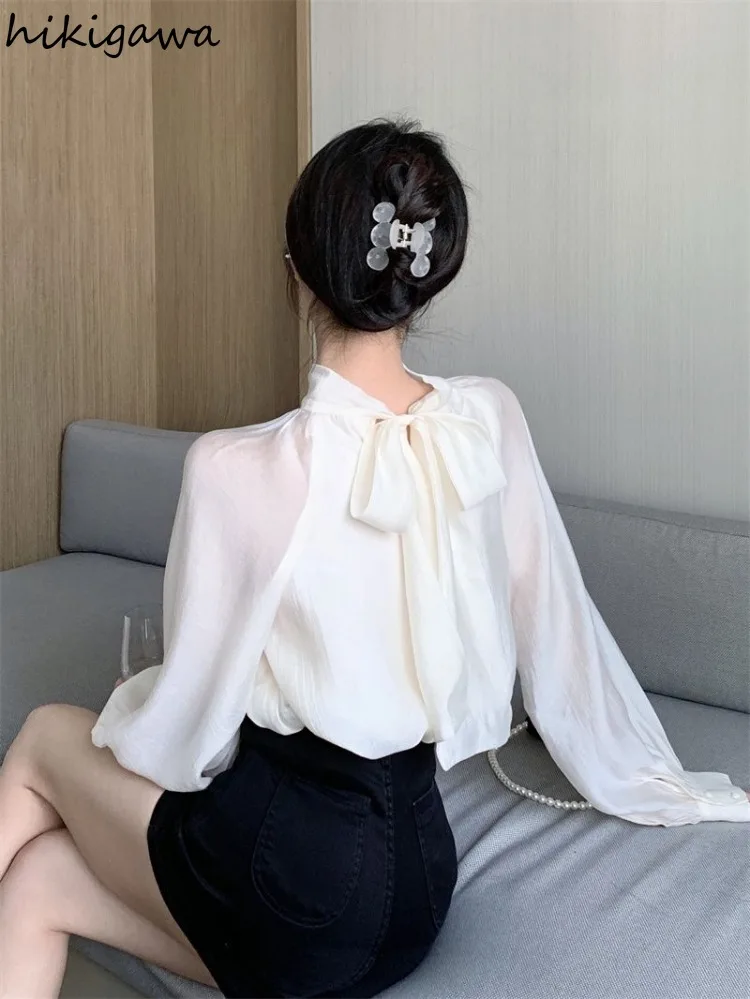 Temperament Ladies Tops Blouses Women Long Sleeve Bandage Bow Vintage Shirts Camisas De Mujer Solid Color Loose Summer  Blouse