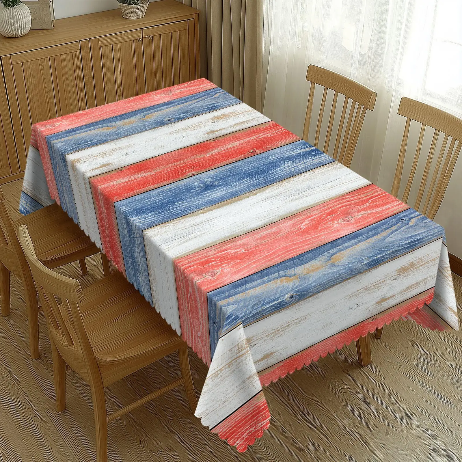 Wooden Boards Tablecloth Red and White Blue Wooden Boards Polyester Rectangle Table Cloth Washable Seasonal Tabletop for Kitchen