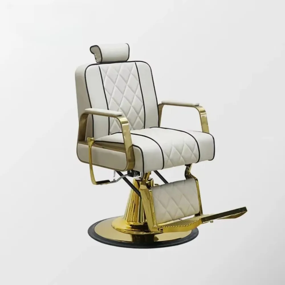 

Классическое парикмахерское кресло из белой и черной кожи с алюминиевым каркасом и круглым основанием из оцинкованного железа для барбершопа