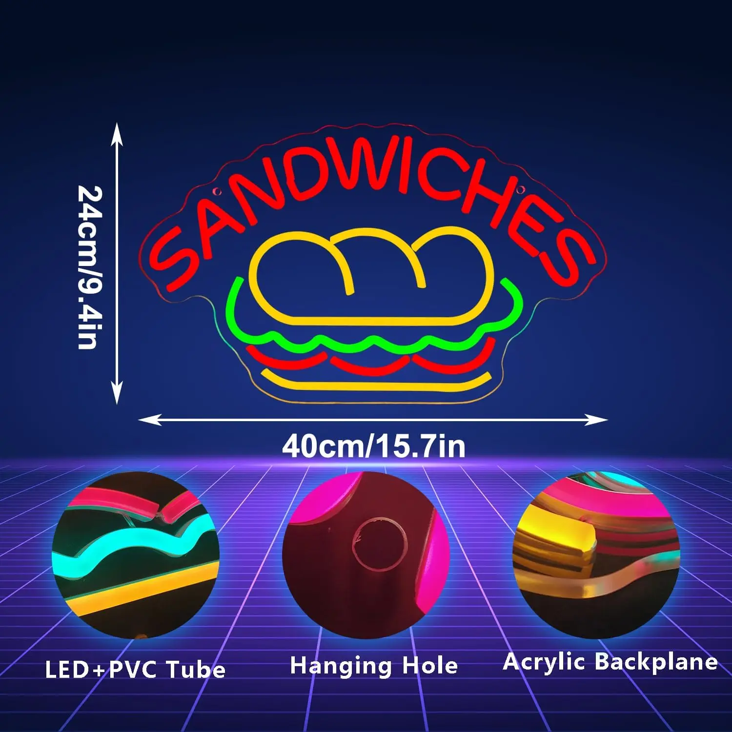 Sandwich Neon Signs LED Neon Light Sign Light Up Neon Signs Wall Decor for Kitchen Restaurant Fast Food Man Cave Party Decor