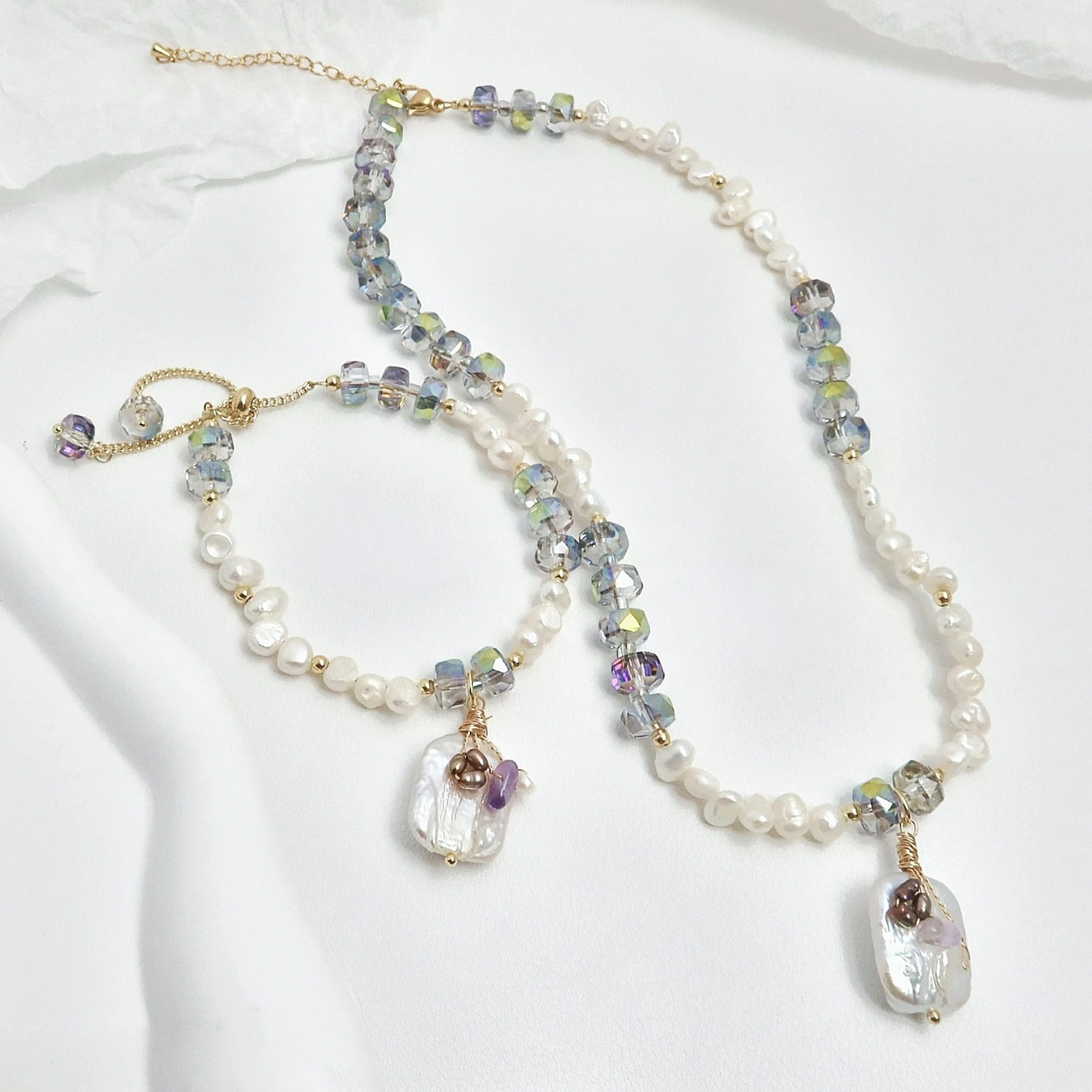 Natural Crystal Baroque Freshwater Pearl Jewelry Set, Including Bracelet and Necklace, Featuring Light Luxury Design Sense