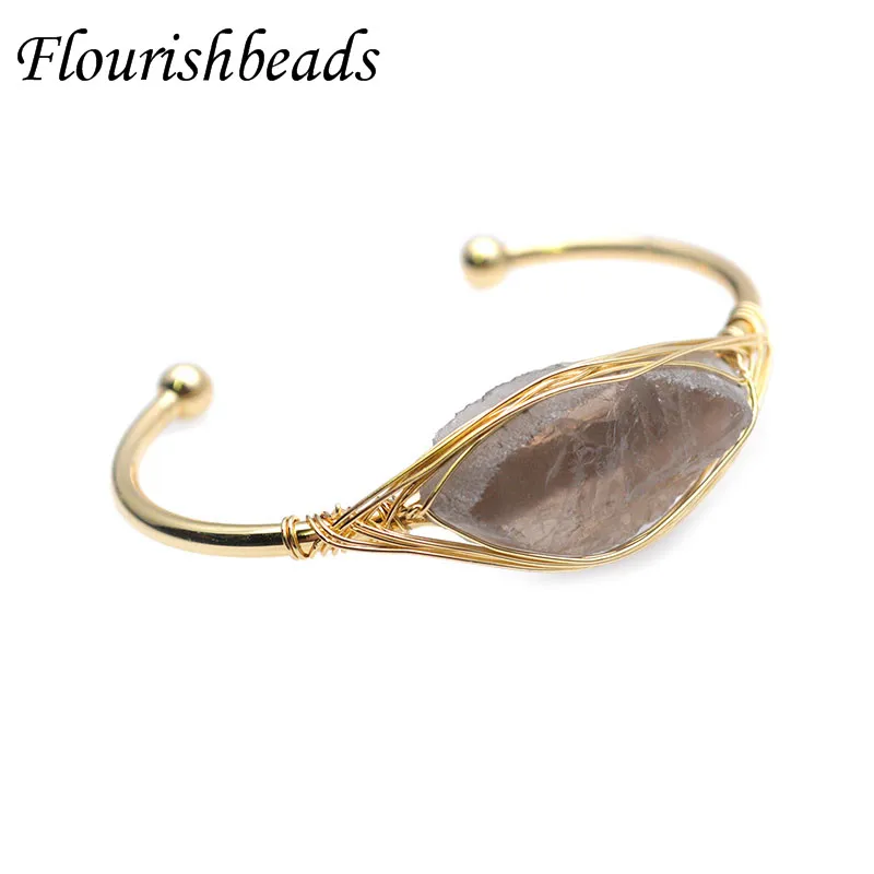 Natural Stone Raw Irregular Smoking Quartz Crystal Open Cuff Bangle for Women Men Gold Color Wire Wrap Bracelet Jewelry