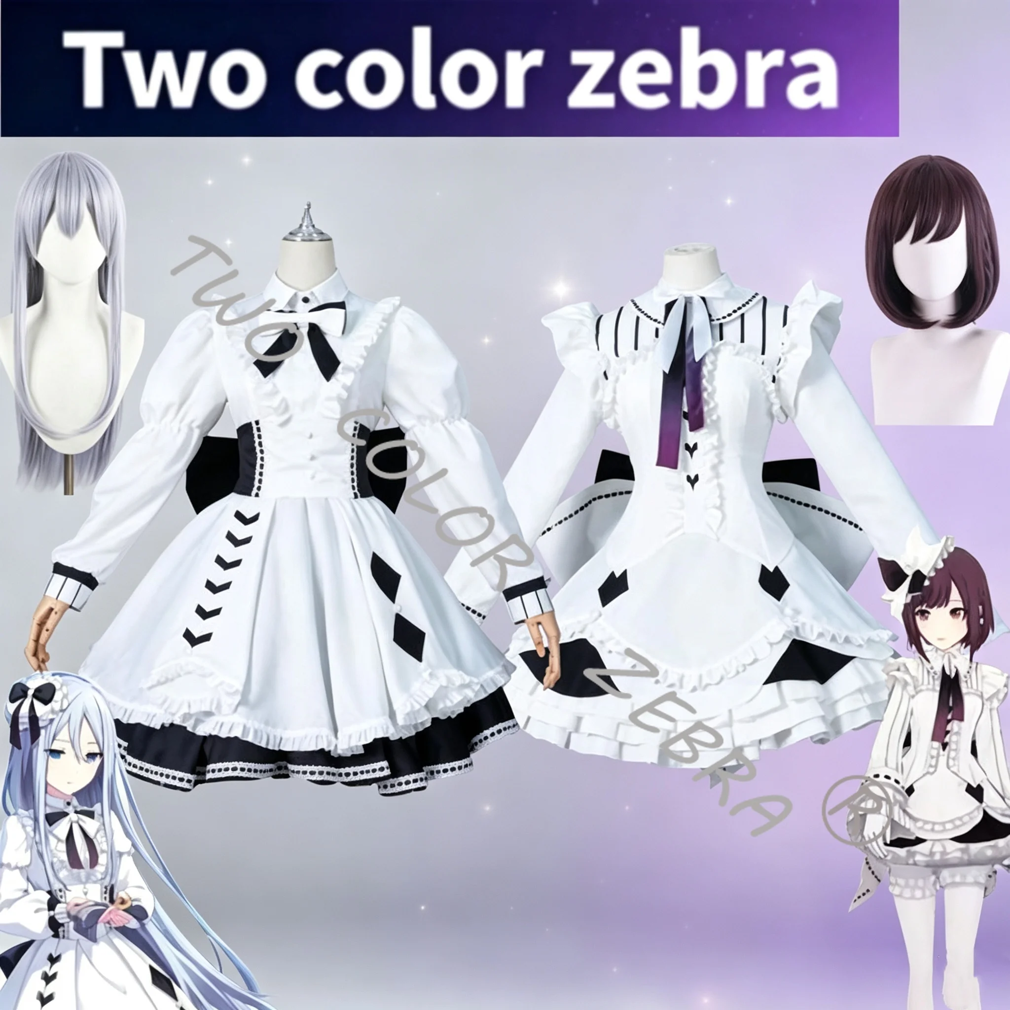 Shinonome Ena Kanade Yoisaki Cosplay Costume Wig White Black Maid Dress Bow and Accessories for Halloween Stage Perfromance - view 2