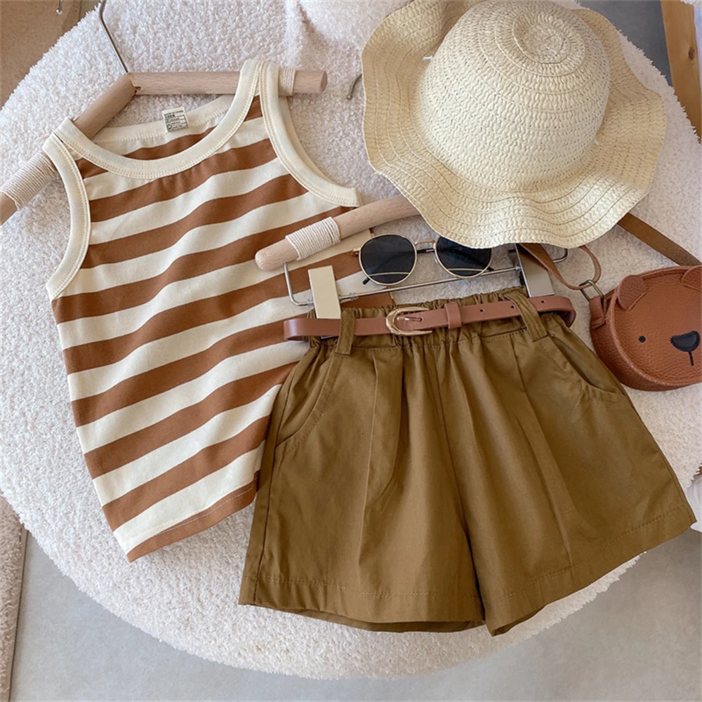 Bear Leader Girls Fashionable and Casual Set 2023 Summer Thin Children\'s Stripe Suspender Tank Top Shorts Two Piece Set Clothes