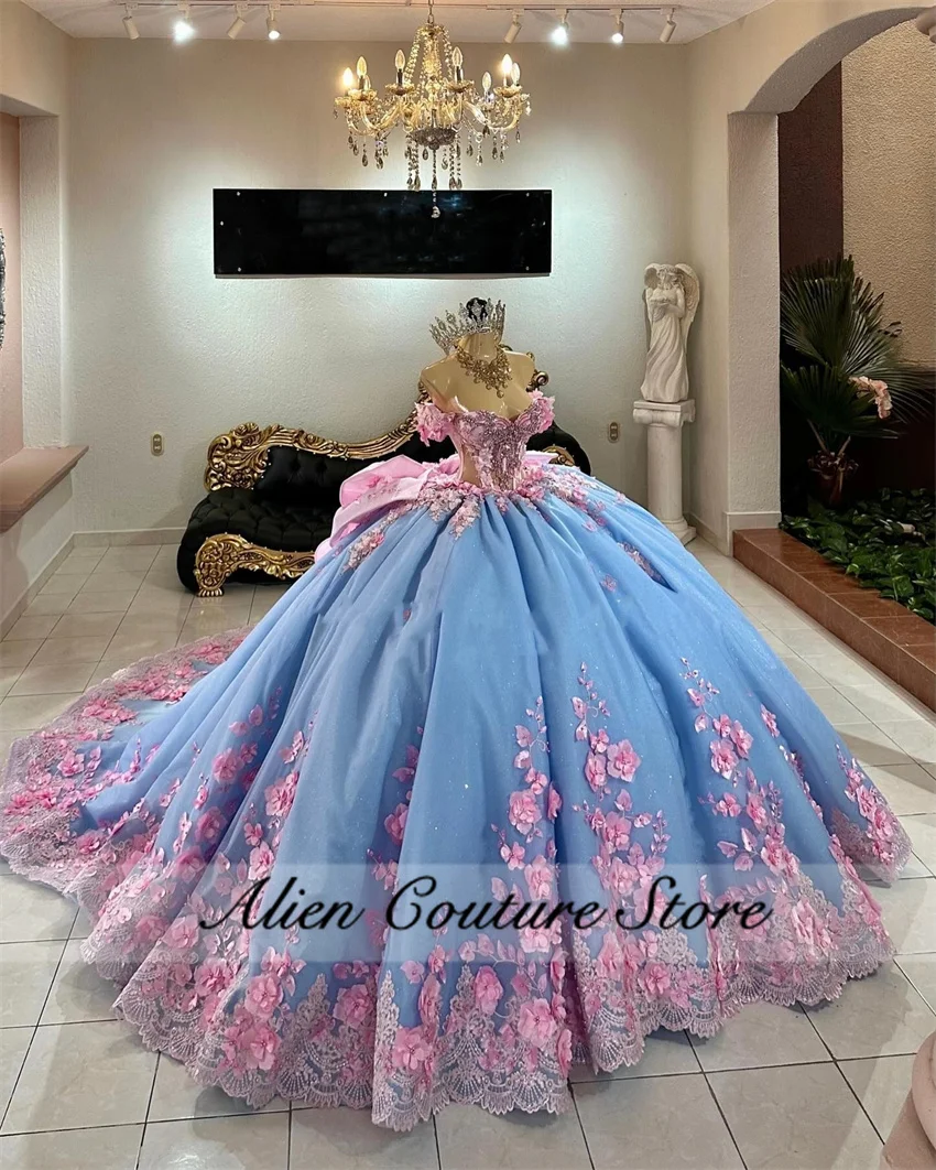 فساتين Quinceanera الزرقاء الفاخرة الأميرة حبة بلورات فساتين عيد ميلاد الوردي ثلاثية الأبعاد زهرة يزين Vestidos De 15 فيونكة مخصصة #5