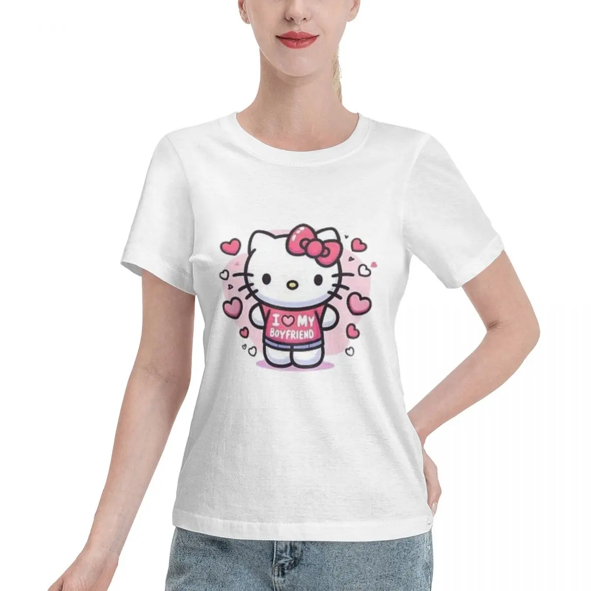 

I Love My Boyfriend Hello Kitty Women's 100% Cotton Short Sleeve T-shirt Top Loose Tshirt