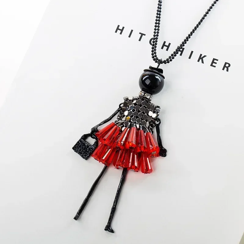 Korean Fashion Women\'s Sweater Chain Necklace Black Red Cartoon Doll Pendant Beads Link Necklaces For Women Christmas Gift