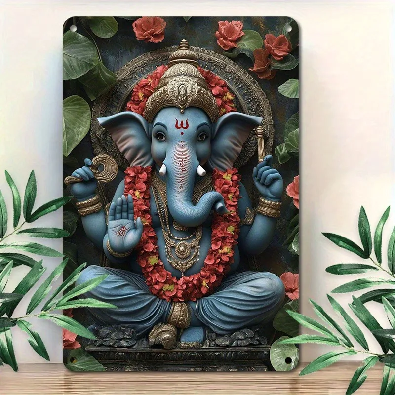 

Room Decor 1pc Vintage Aluminum Tin Sign, 2D Flat Print Indian Elephant God Wall Art Decor Plaque for Home Office, Room