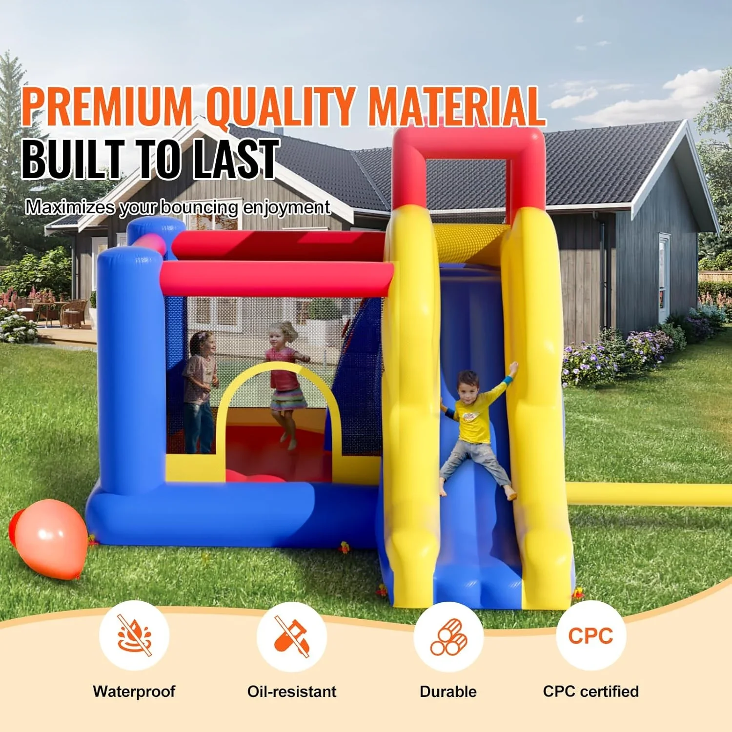 

Inflatable Bounce House, Indoor Playhouse Trampoline, Jumping Bouncer with Blower, Slide, and Storage Bag, Outdoor Family