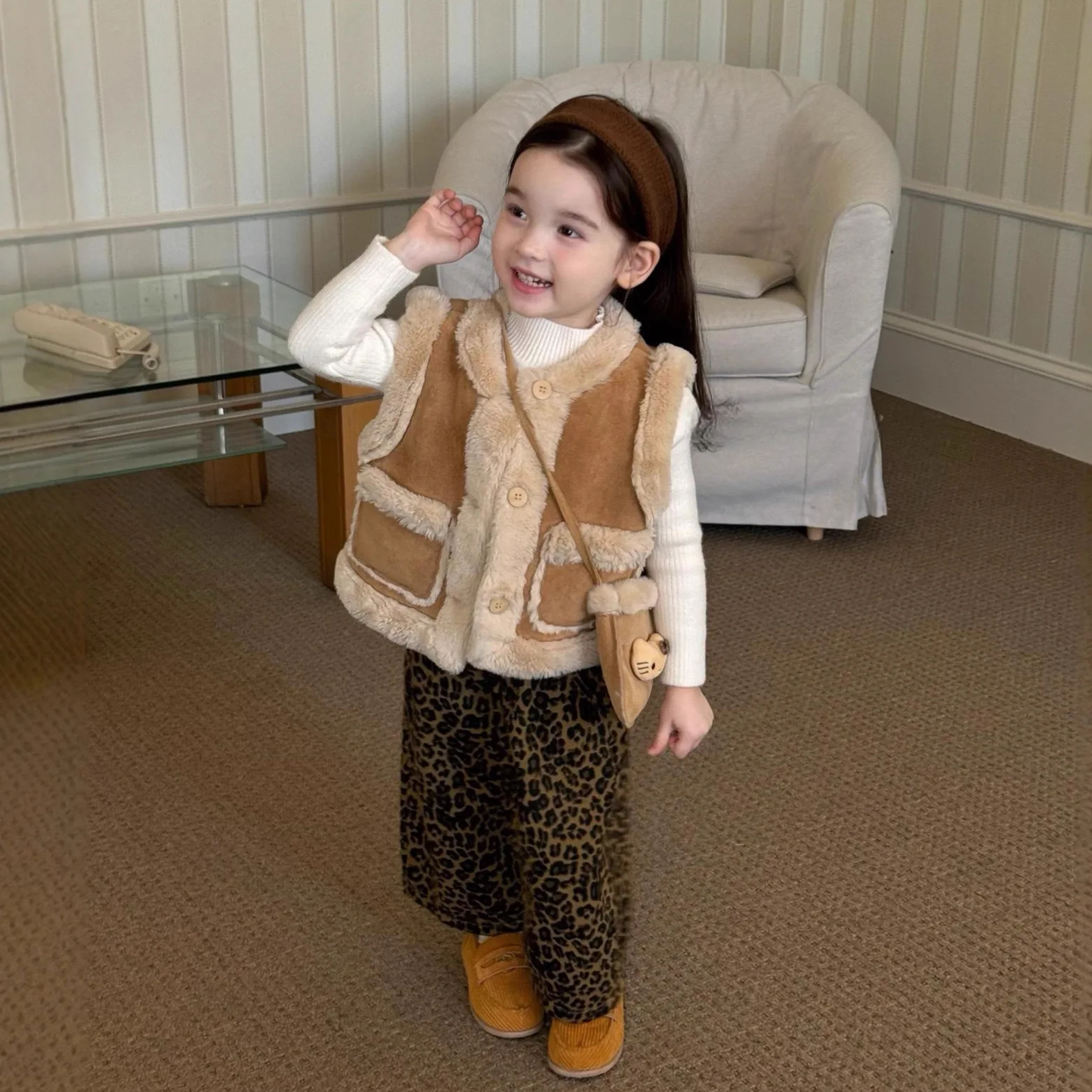 

Fur Tops Waistcoat Pants Suit Sweater Wool Clothes Set Casual Kids Winter New Rabbit Fur Vest Suede Cute Warm Girl Thick 2025
