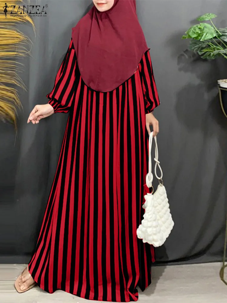 Women Fashion Autumn O Neck Long Sleeve Striped Sundress Abaya Muslim Dresses ZANZEA Elegant Islamic A-line Casual Loose Vestido