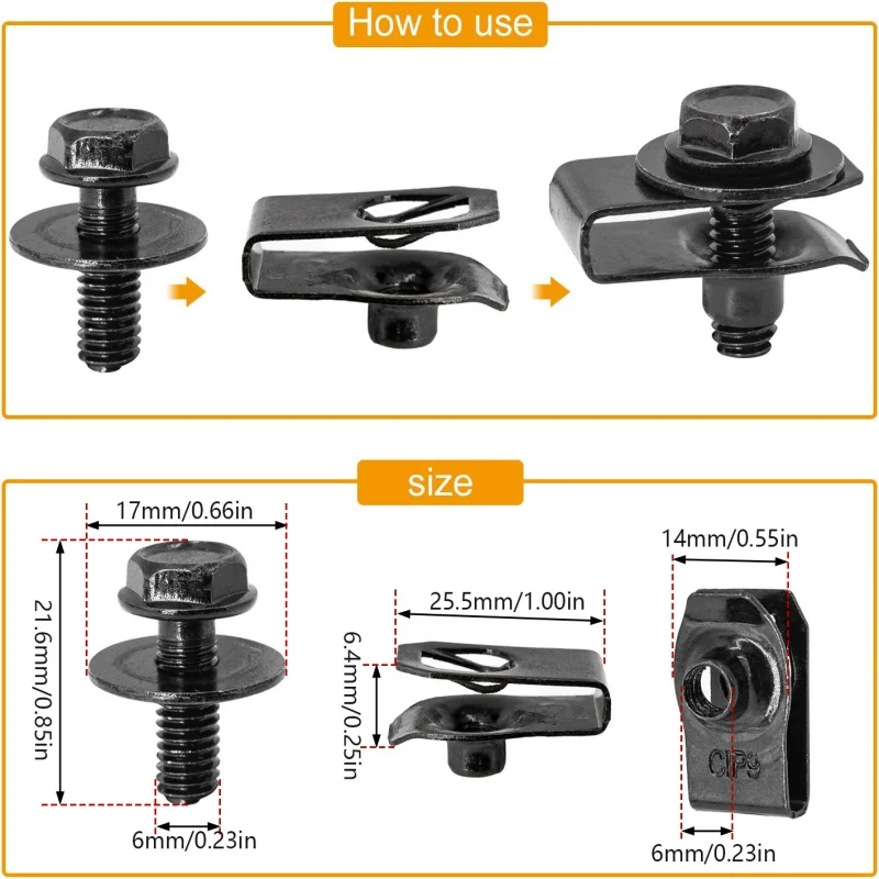 Self-tapping Screw Fasteners Car Body Bolts U-nut Clip Screw M6 Engine Cover Splash Shield Bumper Fender Liner Fastener Rivet
