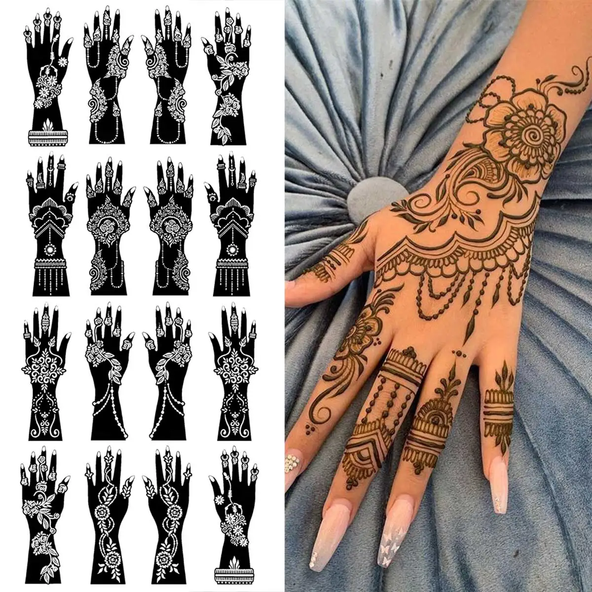 

12 Sheets Tattoo Stencil Indian Flower Template for Adults Women Teens DIY Henna Temporary Painting Stencil for Hands Arm Sleeve