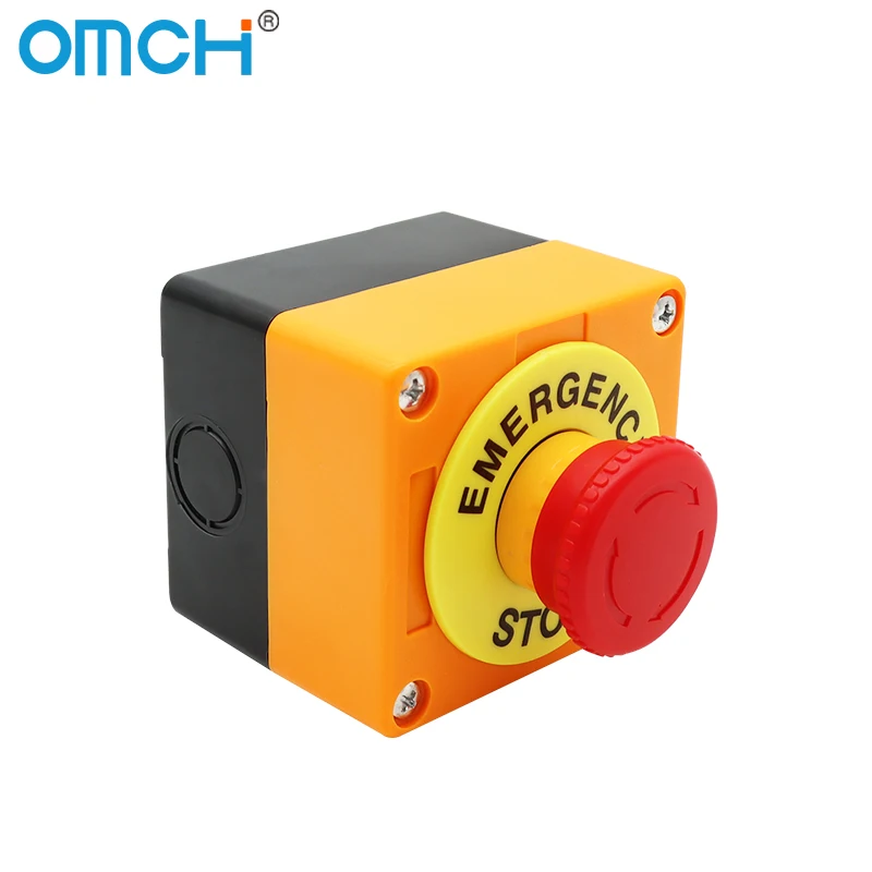 Interruptor de botão de travamento automático OMCH com caixa, cabeça de cogumelo, sinal vermelho, NO + NC, AC660V, 10A, parada de emergência