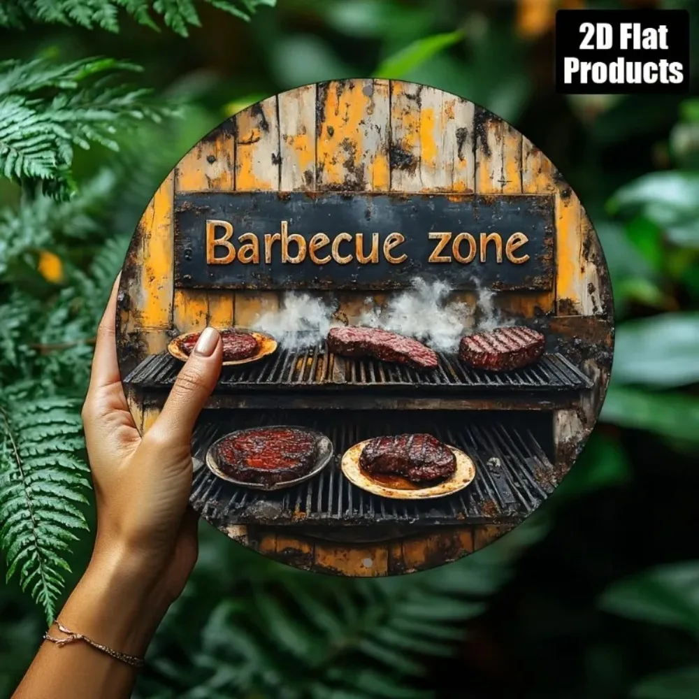 Vintage BBQ Zone Sign Metal Tin Wall Art, 2D Flat Rustic Grill Decor Plate 20x20cm