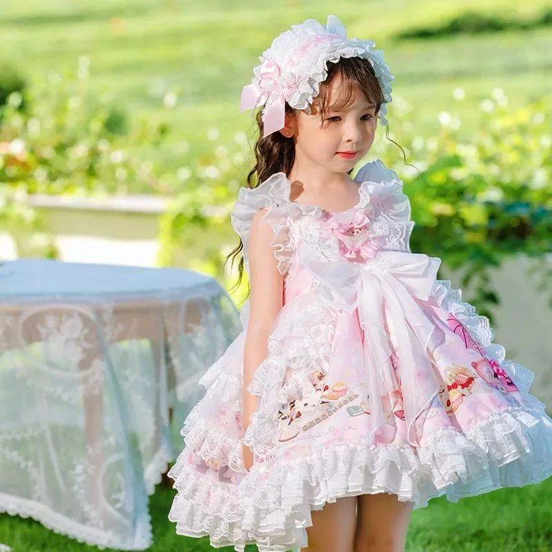 Vestido de baile de Lolita español Vintage de encaje de malla azul de manga corta para niña, vestido de princesa para fiesta de cumpleaños de pascua Eid