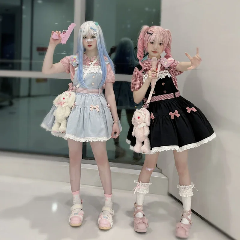 

Japanese Kawaii Lolita Dress Women Sweet Bow Lace Ruffles Harajuku Y2k Sleeveless Strap Dresses Cute Party Mini Princess Dresses