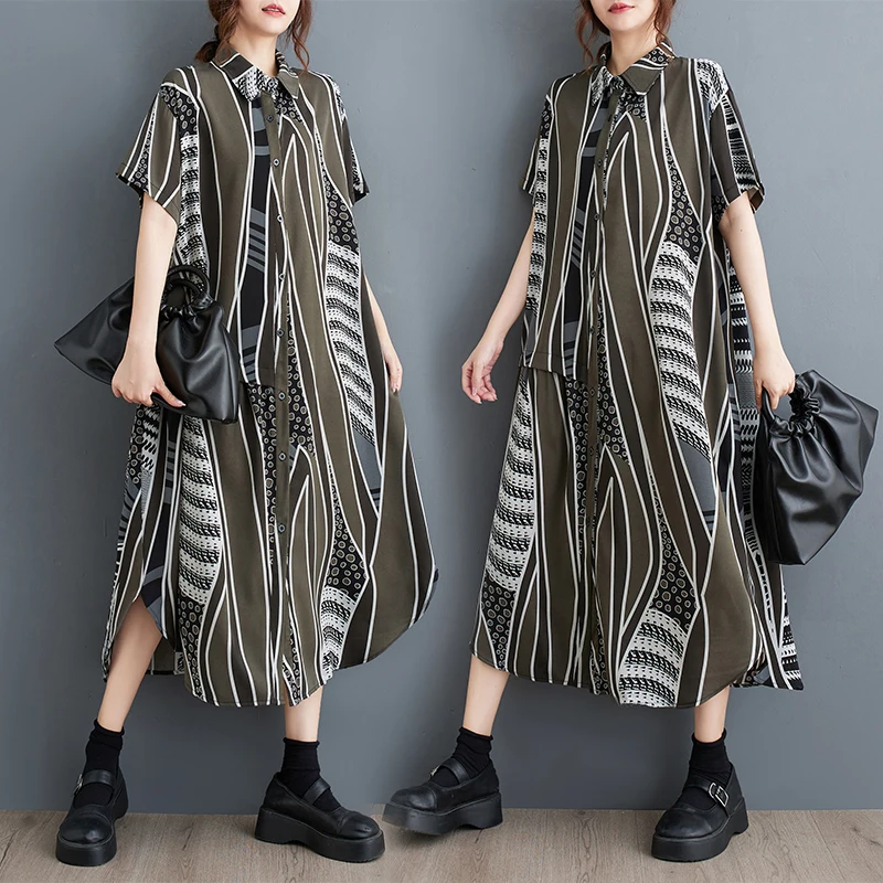 Vestido de verano y otoño para mujer, talla grande, moderno, con estampado, versátil, holgado, favorecedor y largo.