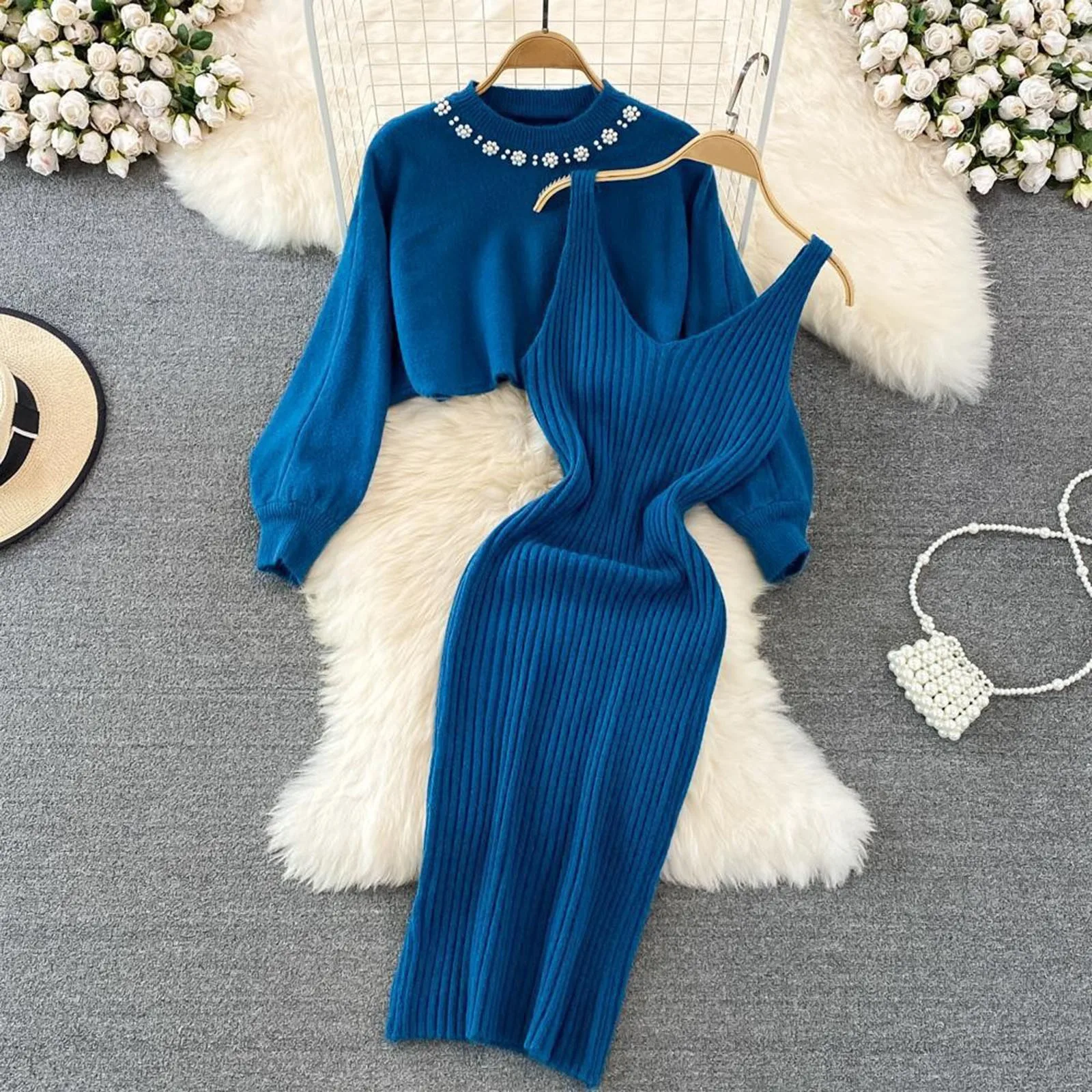 

Two Piece Sets Womens Outifits Autumn Winter Solid O-Neck High Waist Short Bubble Sleeve Pullover Dress Two Piece Set Crop Top 1