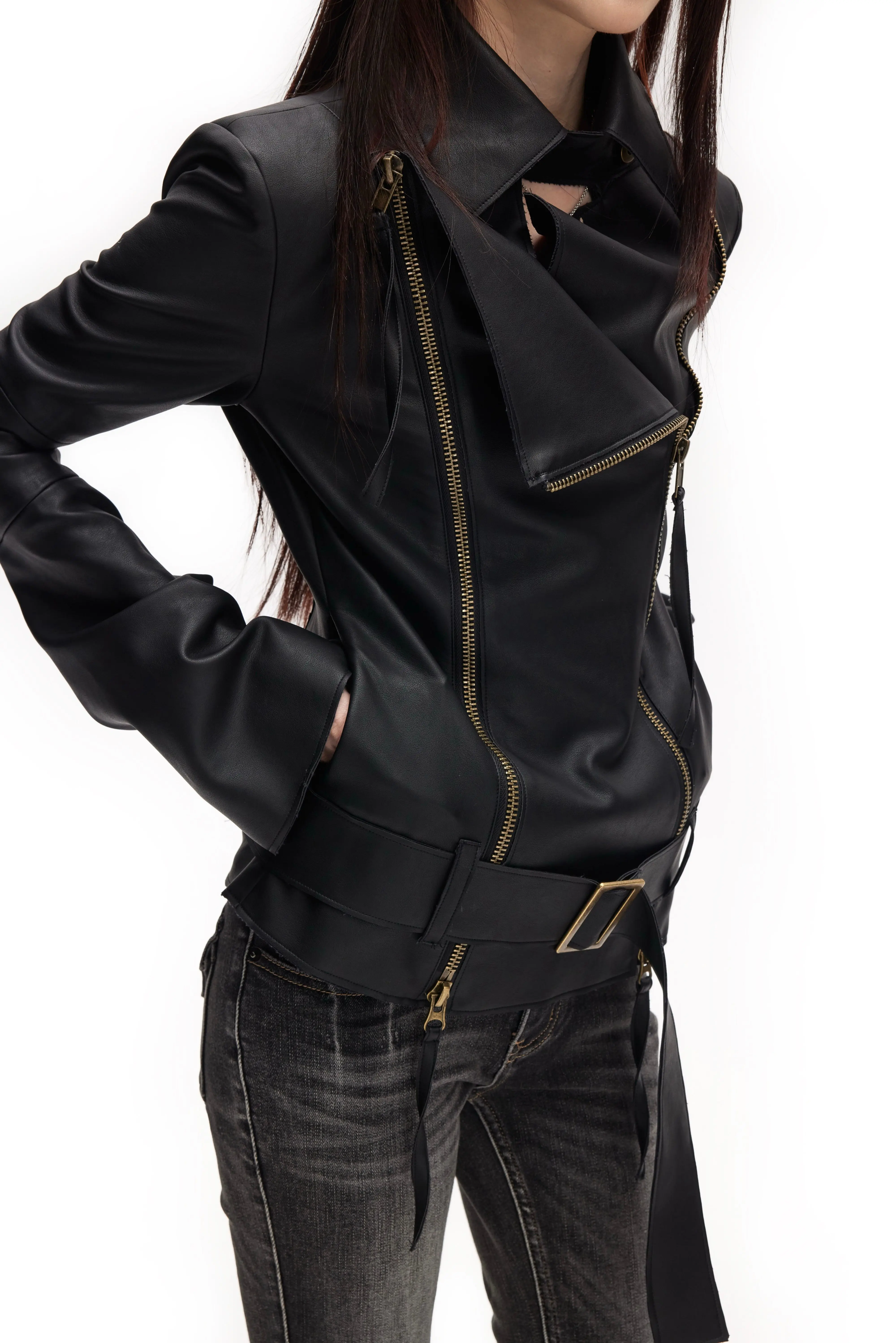 Lautaro Spring Autumn Cool Handsome Soft Black Pu Leather Jacket Women Long Sleeve Double Zippers Luxury Clothes Runway Fashion