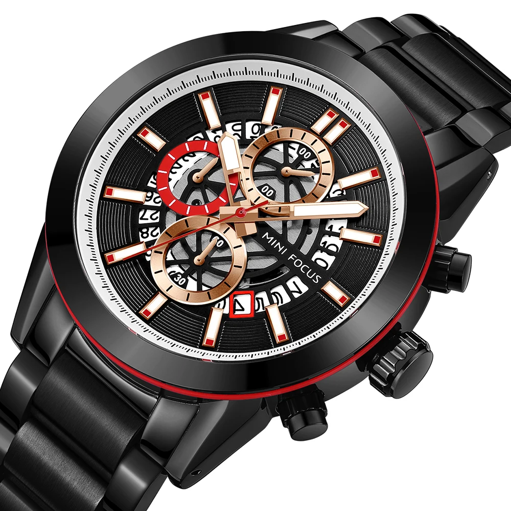 MINI FOCUS MF0285G Luxury Quartz Watch Sports Waterproof Calendar Blue Stainless Steel Band Men Wrist Watches