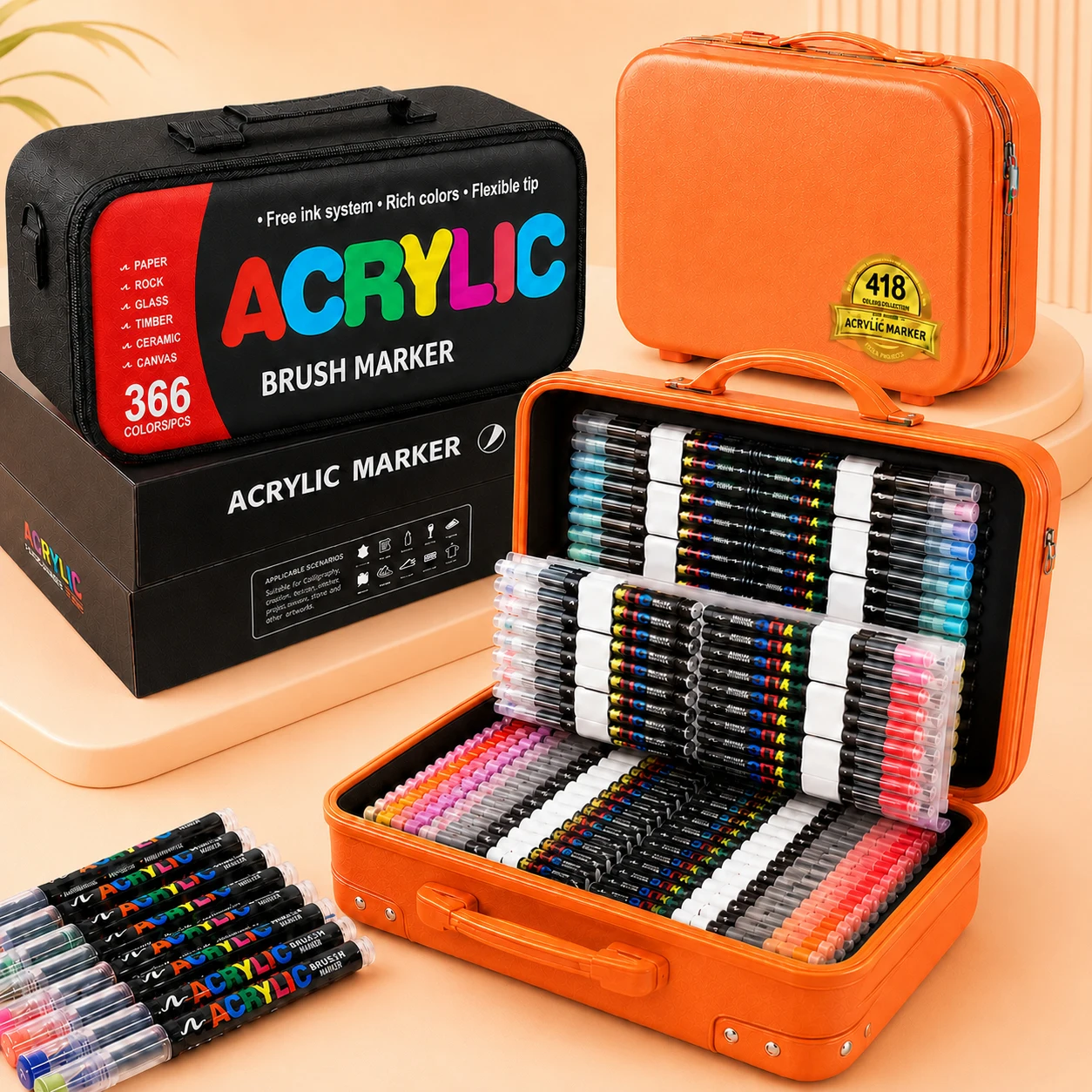 

12-418 Colors Acrylic Marker Set Permanent Markers with Brush Tip Acrylic Painting Marker for Stone Glass Ceramics Canvas Wood