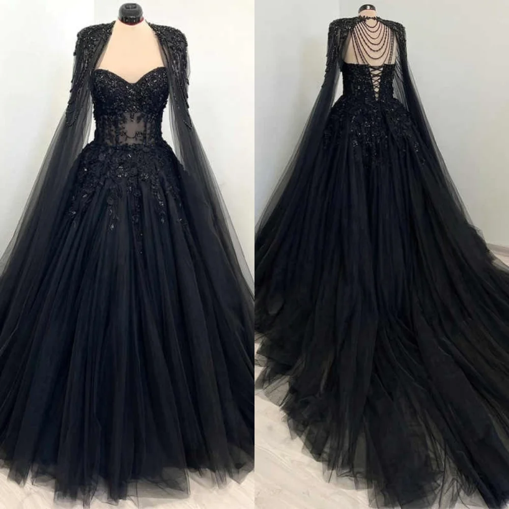 

Customized Formal Black Tulle Evening Dress Modern Strapless Shawl Prom Dress Chapel Train Lace Up Back Special Occasion Gowns