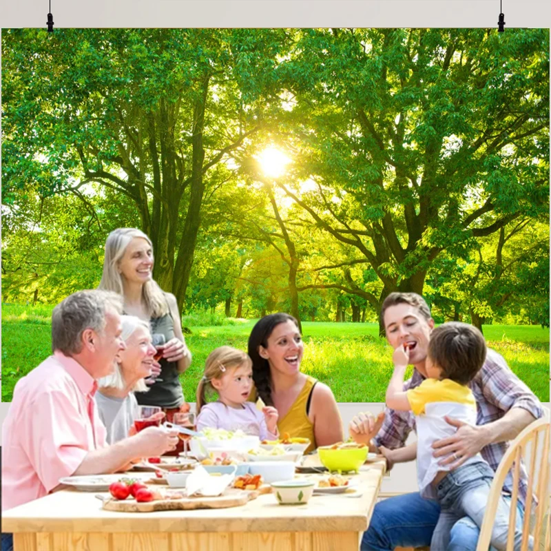 Telón de fondo de primavera para fotografía, decoración de fiesta temática de Camping, bosque, paisaje Natural, árboles verdes