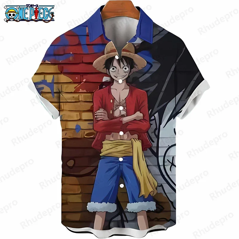 Sommerliches Herren-Hawaiihemd mit One Piece Monkey D. Luffy Grafik, Kurzarm, Lässige Anime-Kinderkleidung, Tropische Strand-Urlaubshemden