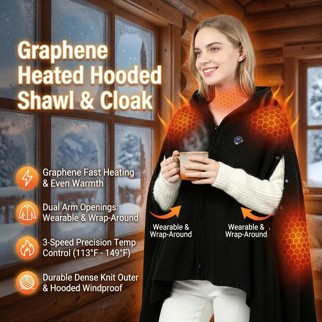 Graphene Heated Poncho with Hood, 3 Heat Settings USB Wearable Electric Blanket, Portable Cozy Wrap Shawl for Office Travel