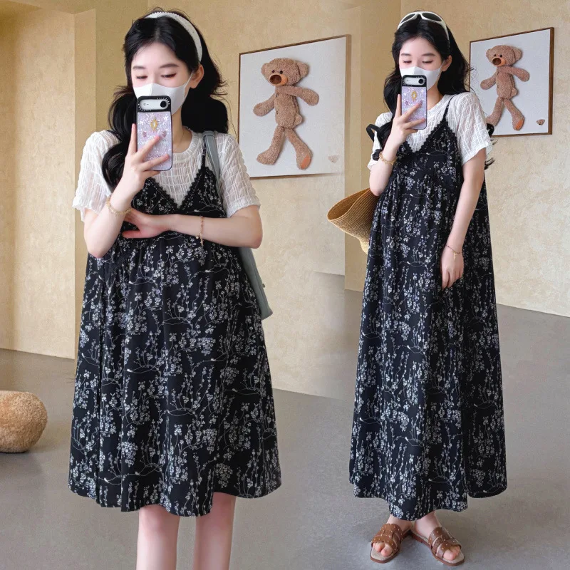 2026 New Summer Floral Maternity Dress, Faux Two-piece Spliced A line Loose Slip Dress for Pregnant Women