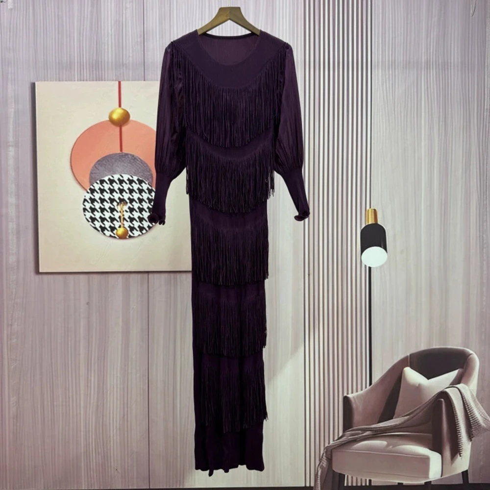 Plus size dress fashionable pleated round neck tassel puff sleeves temperament elegant women's long skirt-GZXX1037