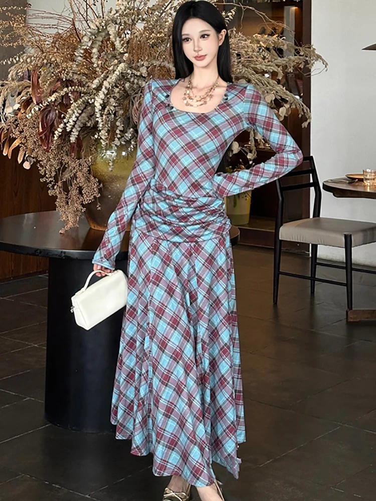 Frauen Blau Plaid Langarm Quadrat Kragen Maxi Kleid Herbst Winter Plissee Bodycon Prom Kleid 2025, Koreanische Vintage Luxus Kleid