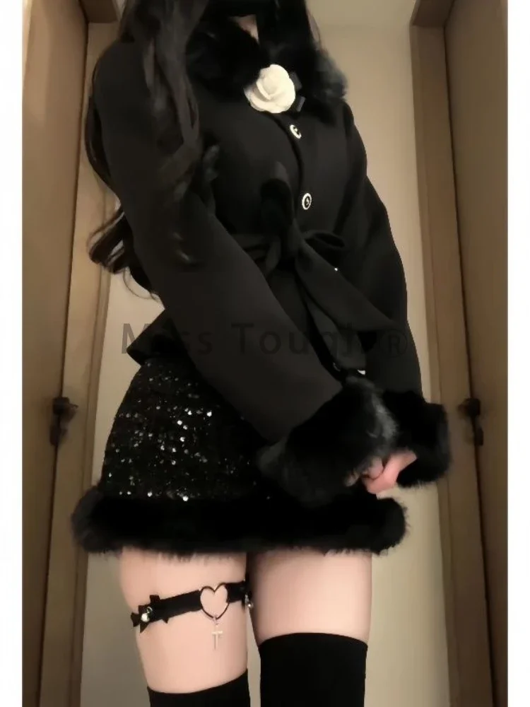 France Vintage Chic Winter Black 2-piece Sets Women Party Long Sleeve Slim Lace Up Coat + Paillette High Waist Skirt Suit 2025