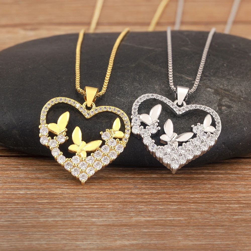 Nidin New Arrival Romantic Butterfly Pendant Necklace For Women Round/Heart Shape Creative Design Sparkling Zircon Jewelry Gifts