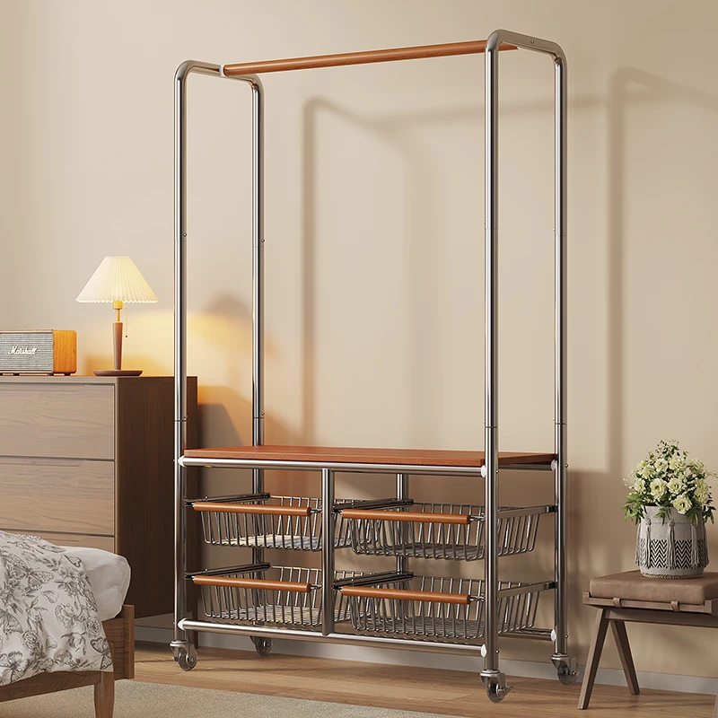 

Скандинавская вешалка для одежды, винтажная вешалка для одежды для спальни с бесшумными колесами, многоуровневые полки