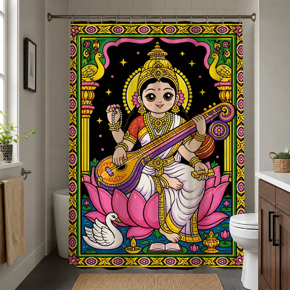 Waterproof Boho Shower Curtain Liner Spiritual Hindu Goddess Art Divine Indian Lotus Decor Bathroom Curtain Abstract Mural Desig