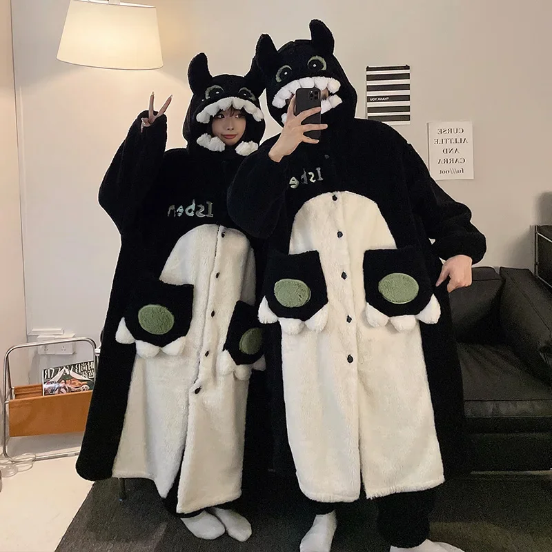 بيجامات بناتي جميلة على شكل ديناصور كارتوني ملابس منزلية من المخمل المرجاني رداء حمام شتوي بيجامات نسائية رداء طويل ملابس نوم سميكة للرجال رداء ليلي #1