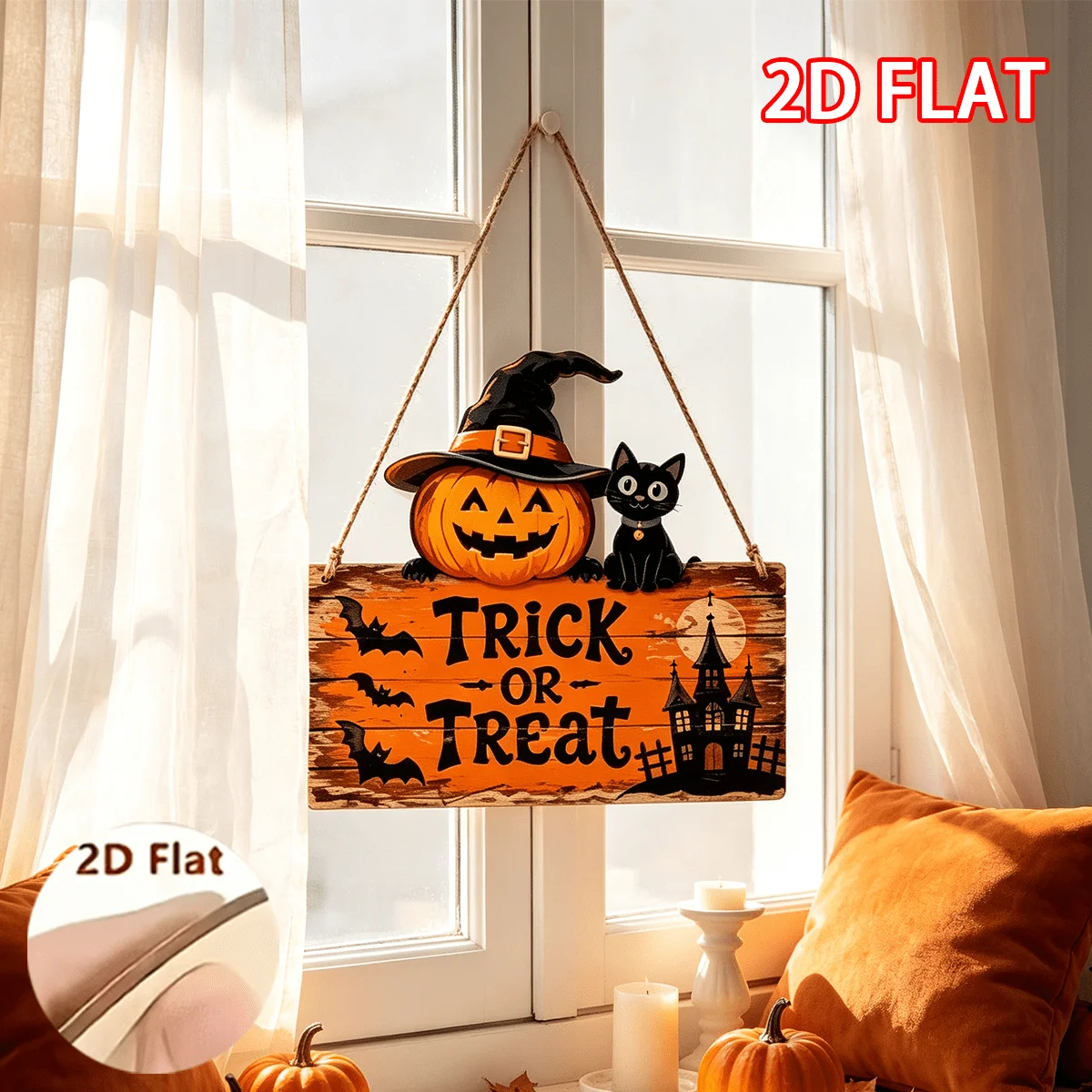 Halloween Wooden Hanging Sign, Trick Or Treat Pumpkin Black Cat Witch Hat Plaque, 2D Flat Wood Door Hanger, Haunted House Bat Wa