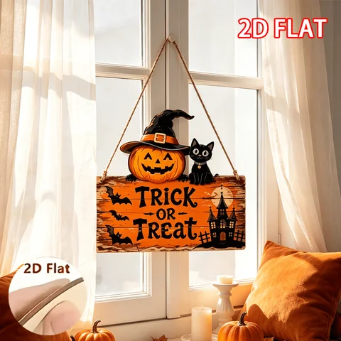 Halloween Wooden Hanging Sign, Trick Or Treat Pumpkin Black Cat Witch Hat Plaque, 2D Flat Wood Door Hanger, Haunted House Bat Wa